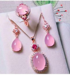 Sets JADERY NATUURLIJKE ROZE CHALCEDONY JADE EDELSTEEN SIERADEN SETS ROSE GOUD 925 STERLING ZILVER DAMES SIERADEN SET PARTY FIJNE SIERADEN 328