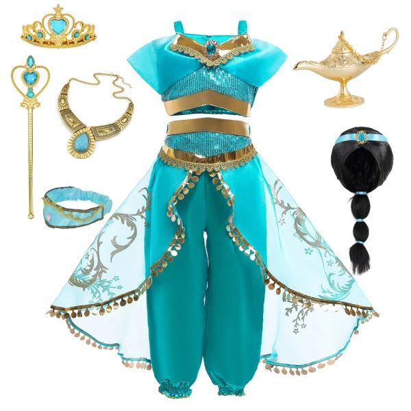 Sets Jasmine Disfraz para niñas Princesa Vestida de Aladdin El disfraz de la lámpara mágica Fiesta de cumpleaños de las niñas Fantasía Top pantalones