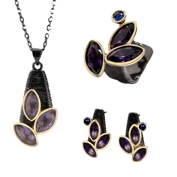 Sets Jewelry Juego de tres piezas para mujeres Controles creativos Purple Circon Aning Pending Pending 925 Sello Black Gold Jewelry Set