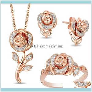 Sets sieradenluxury vrouwelijke witte kristallen sieraden set charm rose goud kleur bruiloft oorknopjes voor vrouwen trendy bloem ketting ring
