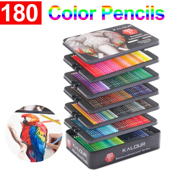 Sets Kalour 180 Crayon de couleur premium Ensemble de croquis de couleurs assorties à base d'huile unique avec boîte en métal pour artistes