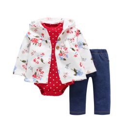 Sets Kid Girl Hooded Clothing Set, Unisex Toddler Baby Outfit Autumn Winter, Floral Coat+Rompers Dot+Pant, 3pcs New Born Clohtes