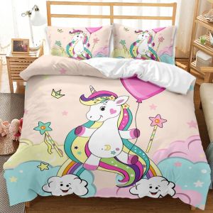 Sets Kid Lovely Rainbow Dreamly Slaapkamer Deknoerset Print Stars Roses Ballon Unicorns Pink Quilt Cove Bedding Set Soft Twin Size