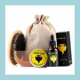 Conjuntos Kits Hombres Bigote Crema Barba Kit de aceite 5 unids / set con cepillo de peine Bolsa de almacenamiento Conjunto de estilo Drop Entrega Productos para el cabello Cuidado DHSKO