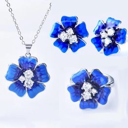 Sets Kofsac 2020 Femme Bleu Bleu Flower Bielry Set for Women Fashion 925 Boucles d'oreilles en argent Collier Set Lady Anniversary Giftary