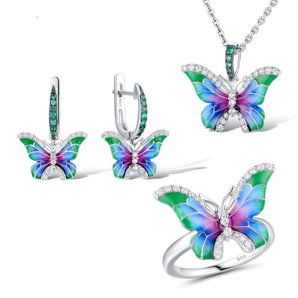 Sets KOFSAC 2020 Venta caliente Elegante Color de esmalte Anillos de mariposa Pendientes Collar Juego para mujeres 925 Jewellry de plata