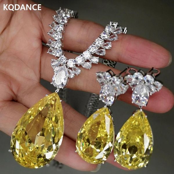 Ensembles KQDANCE Grand Laboratoire Moissanite Cristal Royal Diamant Chaîne Collier Longues Boucles D'oreilles Avec Pierre Jaune Bijoux De Mariée Ensemble Pour Femme