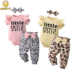 Sets kukitty mode d'été nouveau-né bébé vêtements bébé fille ensemble coller à manches courtes roberie rluffer tops léopard pantalon bande 3 pcs tenues