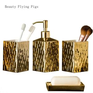 Ensembles de fournitures de salle de bains en céramique dorée, de luxe léger, ensemble de bouteilles de lavage des mains, bouteille fendue, accessoires de salle de bains