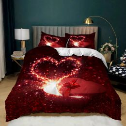 Sets Love Heart Valentine's Day Red Pink Rose Flower 3D Redding Juego de tapa de la cama edredón Lino para la cama de la cama para pareja