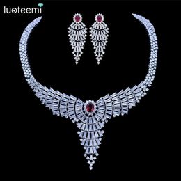 Ensembles Luoteemi nouveau luxueux starter de déclaration pour les femmes brillant Zircon grand pendentif blanc couleur or bijoux de mariage de mariée cadeau de fête