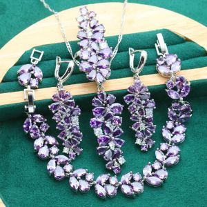 Ensembles luxueux Purple Zircon 925 Bijoux en argent sterling ensemble pour femmes Boucles d'oreilles Boucles d'oreilles Collier Ring Ring Gift