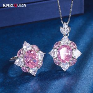 Ensembles de luxe 10 * 12MM Quartz rose à haute teneur en carbone diamant pendentif collier anneaux pour femmes bandes de mariage fête ensemble de bijoux fins accessoires