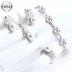 Ensembles de perles de luxe en argent 925, ensembles de bijoux de mariée pour femmes, bijoux de mariage, pendentifs CZ blancs, bracelets à breloques, bagues, boucles d'oreilles, ensemble de colliers