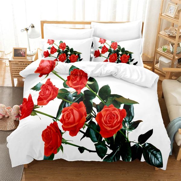 Sets Luxury Red Rose Rose Juego de ropa de cama Flores Amantes de la portada de la cubierta Divet Dormitorio Dormitorio de la ropa de cama Preciosa cama King/Queen Divet Set