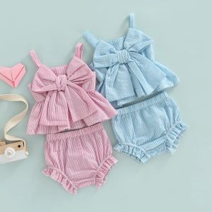 Sets mababy 018m zomer pasgeboren baby babymeisjes kleren set boog mouwloze tops shorts schattige meisjes outfits d01