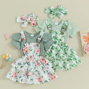 Sets Mababy 024m pasgeboren baby peuter babymeisjes kleren sets zomer gebreide romper bloemen zonnebloem print rokken hoofdband outfit d05