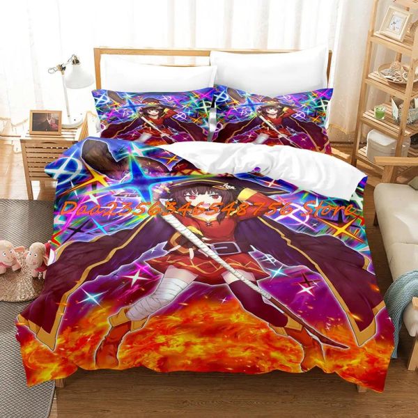 Ensemble de literie Megumin Konosuba Single Twin Twin Full Full King Size Bed Set Aldult Kid Bedroom Duvetcover Sett 3D Anime Bed Sett