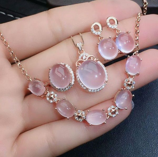 Conjuntos MeiBaPJ Conjunto de joyería fina de piedras preciosas de cuarzo rosa natural 925 Collar de plata Pendientes Anillo Pulsera Joyería de boda para mujeres