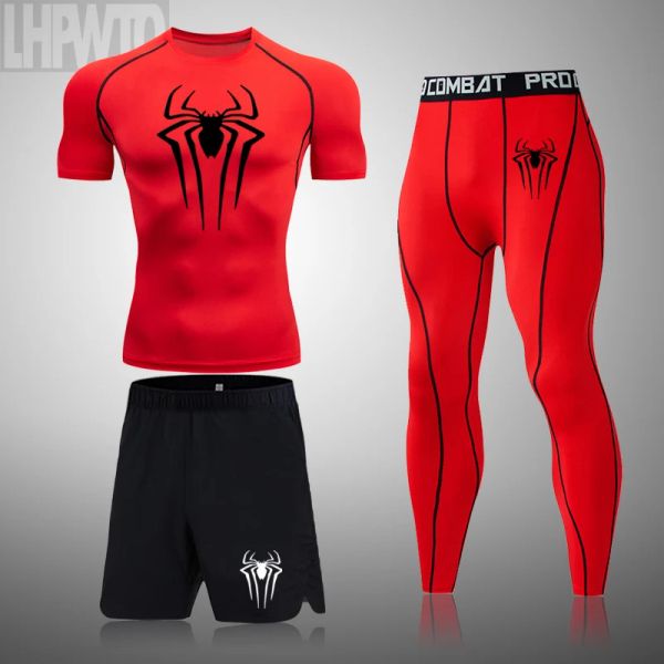 Sets Men's Superhero Running Running Bodybuilding Sport Tshirt rapide Dry Short Sleeve Compression Gym Suit Men Fitness Rashgard serré