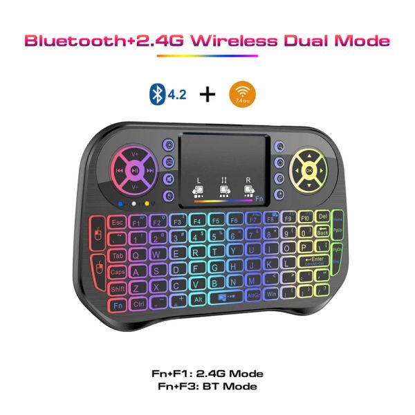 Définit Mini Bluetooth Keyboard 2.4g Double modes Handheld Forgard 3Color Backlit Keyboard tack pava télécommande pour Windows Android
