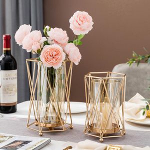 Ensembles Vase moderne bougeoir en métal Vase à fleurs en verre doré décor à la maison salon décoration Table décoration accessoires cadeaux