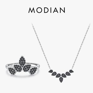 Ensembles Modian 925 en argent Sterling géométrique goutte noir zircone collier pendentif à la mode Punk bague pour femmes ensembles de bijoux cadeaux de fête