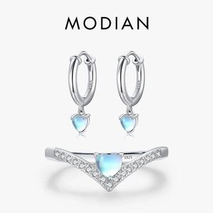 Ensembles Modian réel 925 en argent Sterling coeurs pierre de lune boucles d'oreilles mode exquise anneaux pour femmes ensembles de bijoux cadeaux d'anniversaire