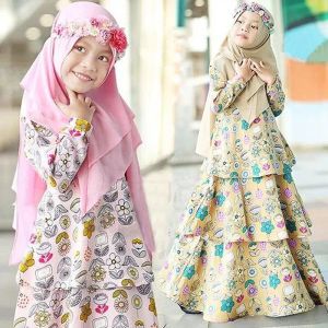 Sets Moslim Meisjes Taart Jurk 2 Stuk Sets Islamitische Kleding Hijab Abaya Kinderen Niqab Boerka Kids Print Bloem Kaftan Party jurk