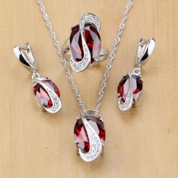 Conjuntos Mystic Oval Red Zircon White Crystal 925 Juegos de joyas de plata para mujer Accesorios de boda Pendientes/Colgante/Collar/Anillos T078