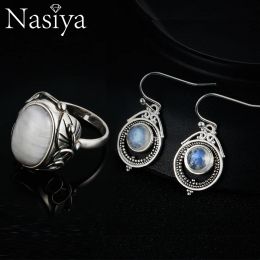 SETS NASIYA 925 STERLING Silver Natural Moonstone Vintage Bijoux pour les femmes Boucles d'oreilles Drop Ring Bielry Set Gift Bijoux