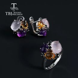 Conjuntos de gemas naturais citrino rosa quartzo ametista multicolorido anel brinco conjunto de jóias para mulheres jóias finas 925 prata esterlina