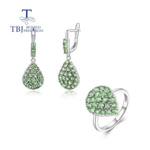 Sets Natural Green Tsavorite Garnet edelsteen sieraden set oorringring 925 Sterling zilveren fijne sieraden voor vrouwelijke moeder cadeau