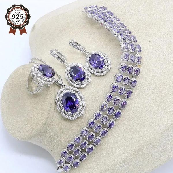 Ensembles de bijoux en argent 925 améthyste violette naturelle pour femmes, Bracelet, boucles d'oreilles, collier, pendentif, bague, boîte cadeau