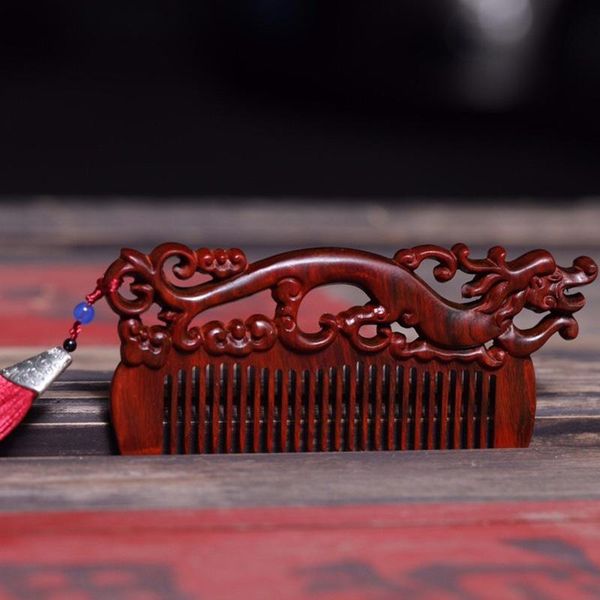 Ensembles Naturel rouge santal sculpture en bois peigne mariage couple dragon peigne sculpture en bois artisanat cadeau peigne pour petite amie décor à la maison