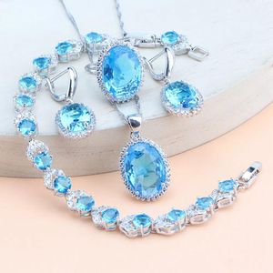 Ensembles de bijoux de mariage naturels, boucles d'oreilles en argent 925 pour femmes, Bracelets, bagues, pendentif, ensemble de collier en Zircon bleu ciel de mariée