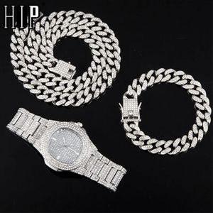 Ensembles collier + montre + bracelet Hip Hop Miami gourmette chaîne cubaine couleur argent plein glacé pavé strass Cz Bling pour hommes bijoux