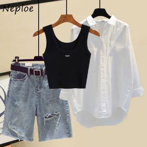 Sets Neploe Women Summer Suits 2024 Nouveau Collier de baisse des chemises blanches à manches longues + Slim Knit Camisole + Allmatch Denim Shorts 3pcs