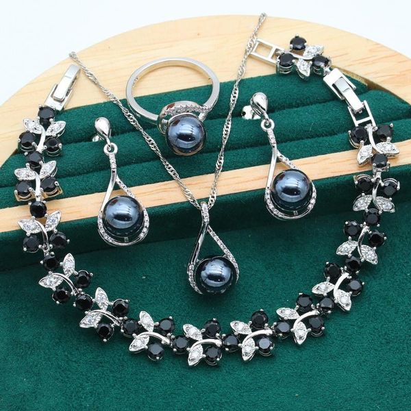 Ensemble de nouveaux arrivants Black Pearl 925 Sterling Silver Jewelry Set pour femmes Boucles de bracelet Collier Ring Pending Ring Gift