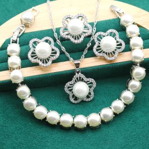 Zet nieuwkomers Witte Pearl 925 Sterling Silver Bruid Sieraden Set voor vrouwen Bracelet oorbellen Hangring Geschenken Ketting Set