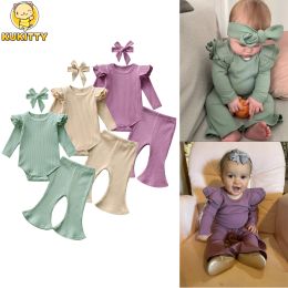 Sets Nouveaux-nés pour bébé fille en trinage tenue Ensemble de tenue à manches longues décontractée haut de couper et pantalon évasé