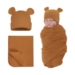 Ensembles Nouveau-né Swaddle Wrap Couche Bébé Né Mousseline Coton Couverture de Réception avec Chapeau pour Garçons Filles Couvertures De Poussette Douces Manta Bebe