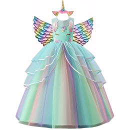 Sets New Children's Birthday Party Unicorn Lace Patchwork Dress Girl Baby Mesh Bordado Vestido para niños Ropa para niños