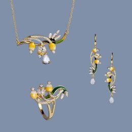 Ensembles de bijoux en émail faits à la main, nouvelle plante élégante, ensemble de trois pièces, fleurs de lys, Style pastoral, bague, collier, boucles d'oreilles pour femmes