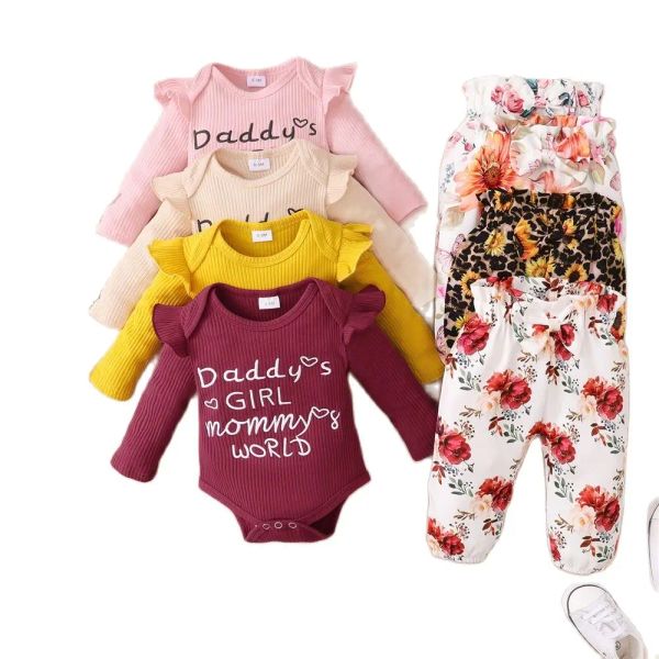 Sets Nouveau-né bébé fille 3pcs Vêtements Set Daddy's Girl's Mommy's World Long Mancheur + Flowers Pant avec un bandeau en coton
