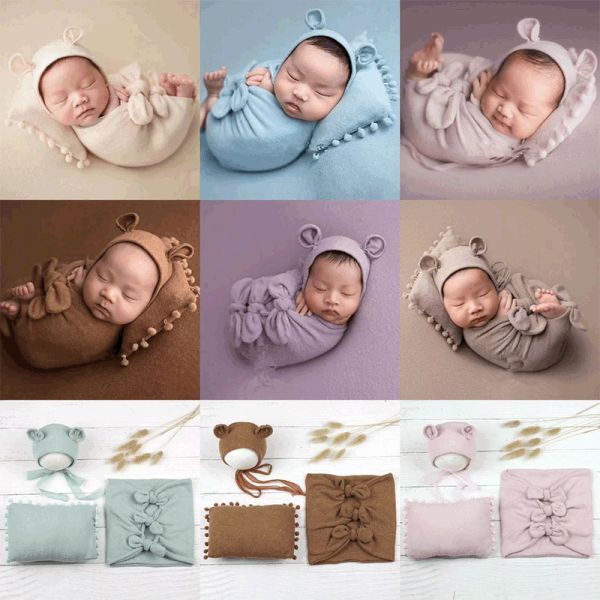 SETS NOUVEAU BÉBÉ Photographie enveloppe Swaddle 3pcs Set Bear Hat Pillow PHOTO Costumes Studio Studio