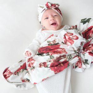 Zet pasgeboren baby wrap doek pasgeboren konijn oor hoed sjaalset bedrukt pakket deken wrap sjaal hoed set baby items baby beddengoed