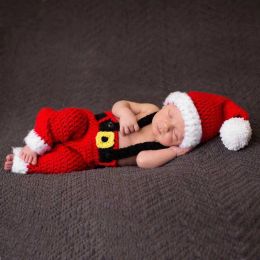 Ensembles de vêtements de photographie pour nouveau-nés, chapeau de photographie de noël + salopette 2 pièces/ensemble, accessoires Photo pour bébé garçon, Costume du père noël