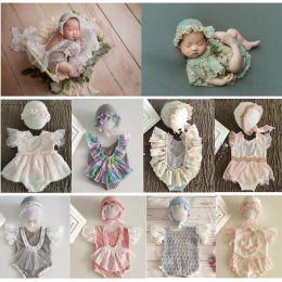 Sets pasgeboren fotografiekleding kanten jumpsuits + hoed babymeisje foto rekwisieten accessoires studio babyshoot outfits prinses kleding