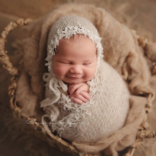 Conjuntos de ropa de fotografía para recién nacido, sombrero de Mohair + envoltura, 2 unidades/juego, accesorios utillería de fotografía para bebé, gorro de punto para sesión de estudio, envolturas